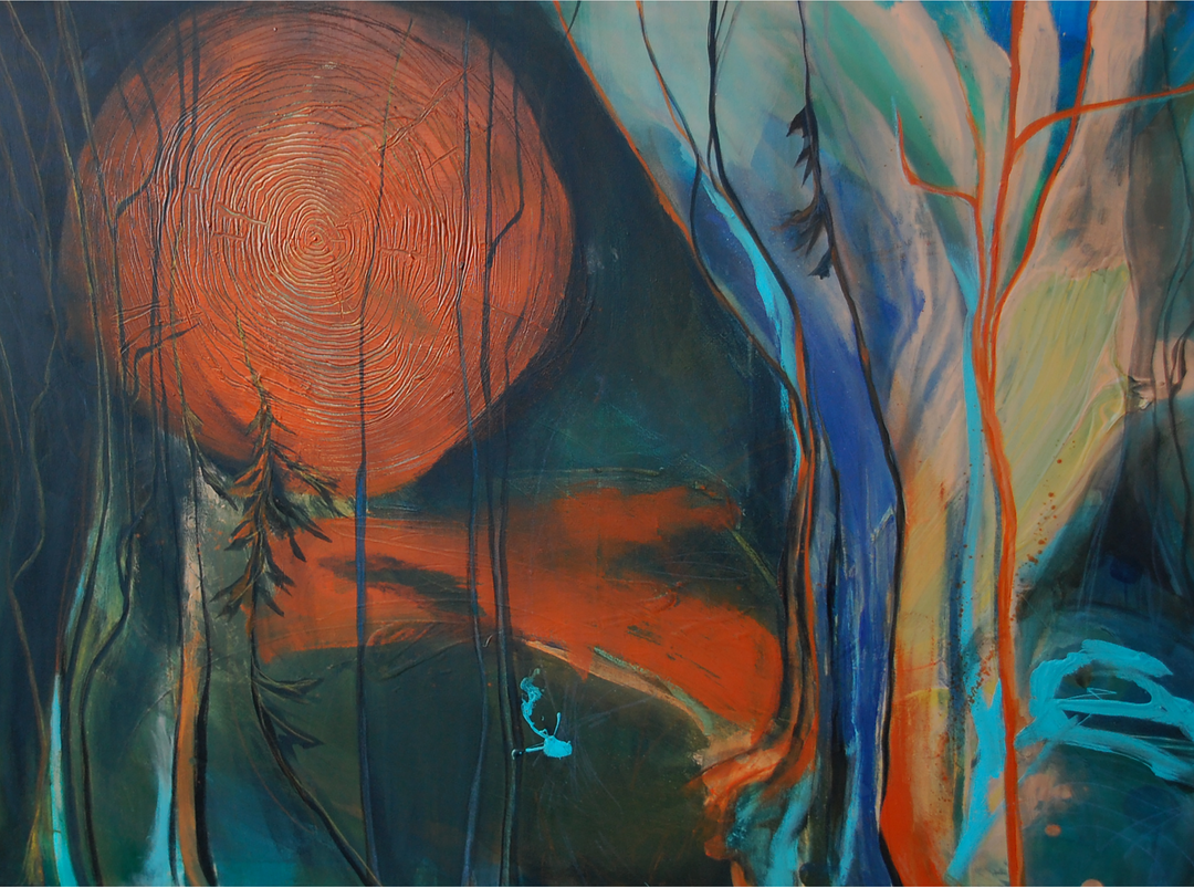 Abstract painting featuring a mix of warm and cool colors with elongated forms, possibly representing a stylized landscape or celestial scene.